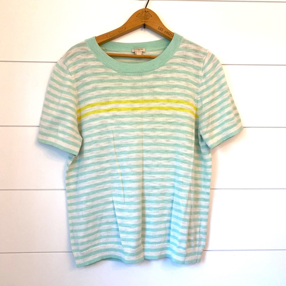 J. Crew Mint Green & White Striped Short-Sleeve Sweater with Yellow Accent